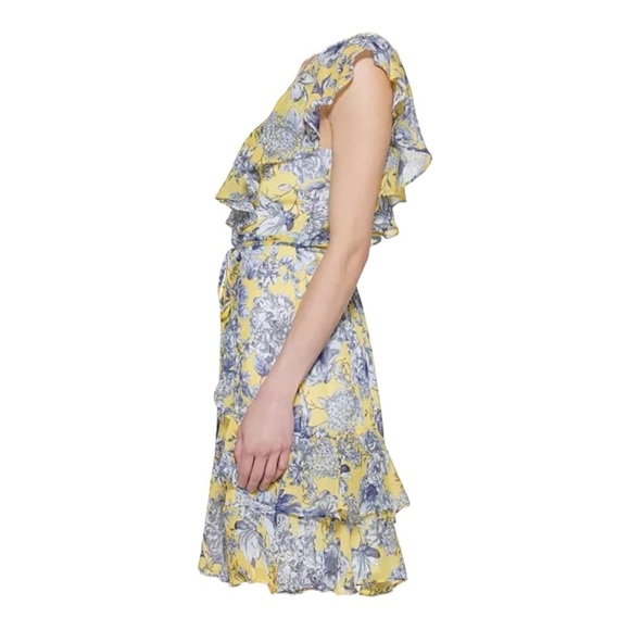 Tommy Hilfiger Flutter-Sleeve Chiffon fit & flare dress Floral Yellow Dress Sz 4 - Picture 4 of 6